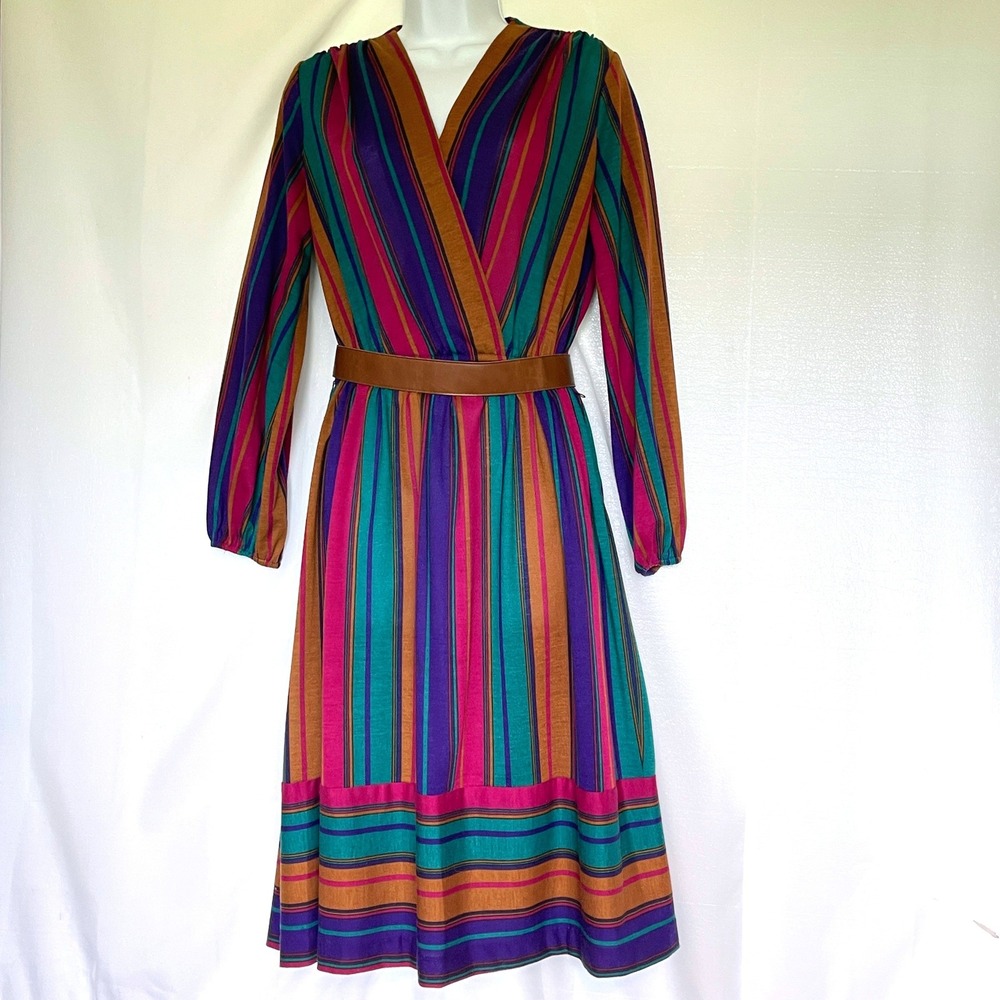 J.J. Dean Striped Wrap Dress Womens M 10 Vintage 70s 80s Retro Midi Mod Office